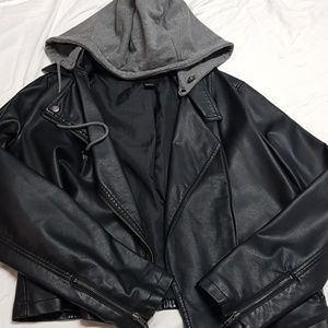 Leather jacket with hoodie